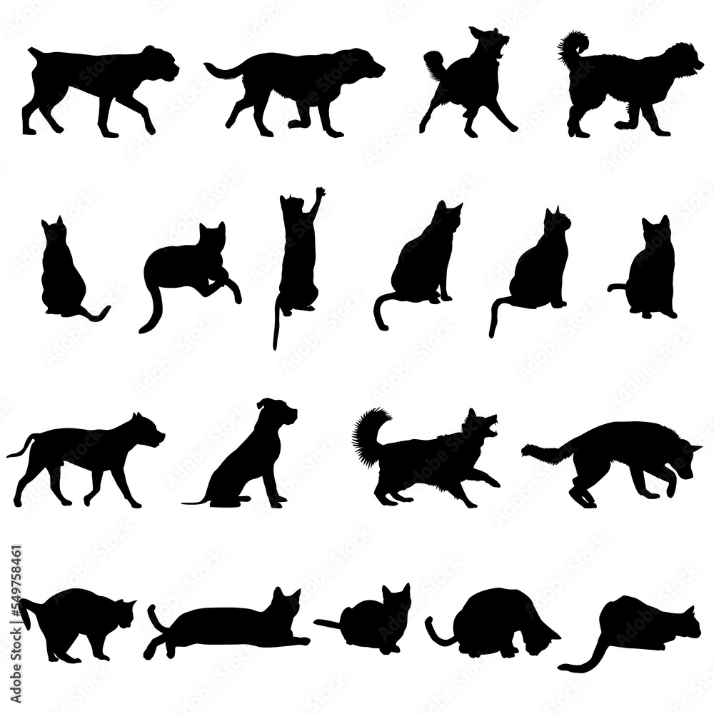 Silhouette of dogs and cats isolated on white background