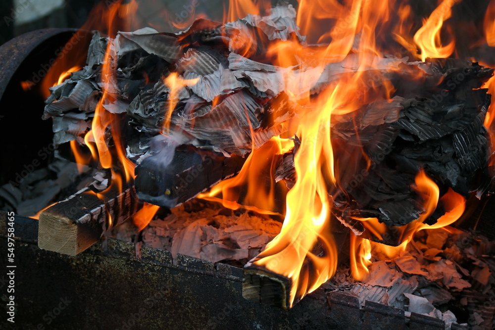 burning wood and paper. firewood is burning. tongues of flame. orange