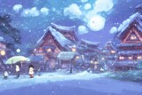 It is a winter village scene. The houses are covered in snow and there is a group of people gathered around a fire in the center of the village.