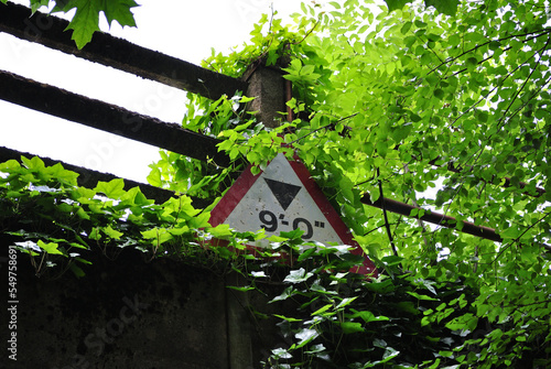 Φωτογραφία Overgrown and Partly Obscured Warning Triangle Sign on Low Railway Bridge