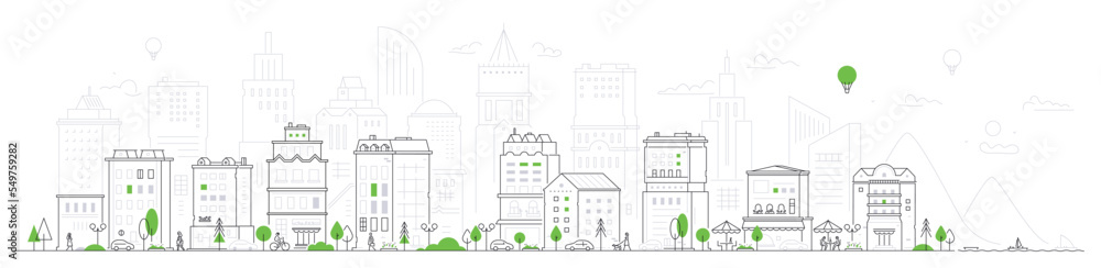 Cozy city with modern architecture - thin line design style vector illustration