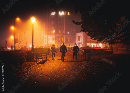 people walking in the city at night