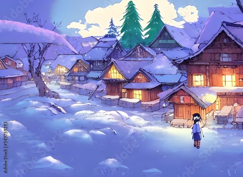 The snow is falling gently on the houses and trees of the small winter village. The windows of the homes are glowing with warm light, and smoke rises from chimneys into the air. Icicles hang from roof