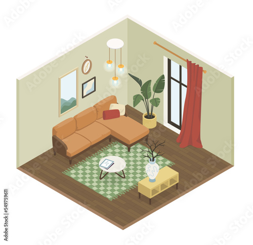 Stylish living room - modern vector colorful isometric illustration