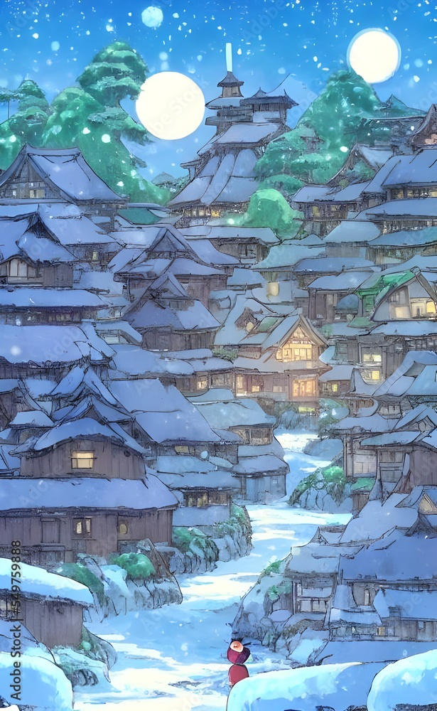 Obraz premium The snow is falling gently on the quaint little houses in the village, and a few people are milling about. The scene is so peaceful and calming.