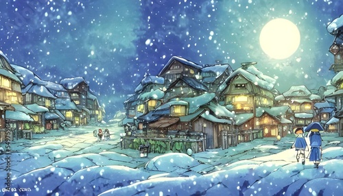 In the picture, there is a snow-covered village with houses made of wood and stone. The roofs are lined with icicles, and smoke rises from the chimneys. In the distance, there is a forest covered in s