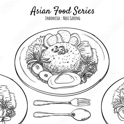 Nasi Goreng South East Asian Indonesian Food Hand Drawn Outline Illustration