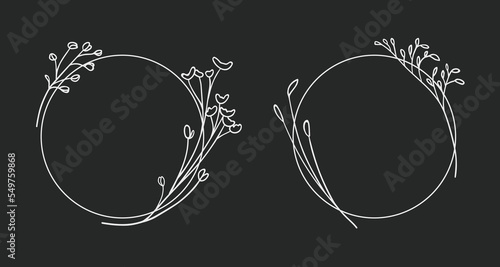 Vector Wildflowers Wreath Frame Line art isolated on black background.  Wedding Circle border. Vector elegant wreath

