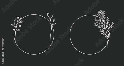 Vector Wildflowers Wreath Frame Line art isolated on black background.  Wedding Circle border. Vector elegant wreath
