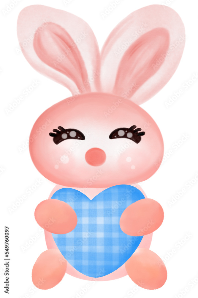 Fototapeta premium pink rabbit watercolor with bule heart