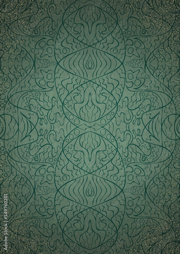 Hand-drawn unique ornament. Dark green on light cold green background, with vignette of darker background color and splatters of golden glitter. Paper texture. Digital artwork, A4. (pattern: p02-2d)
