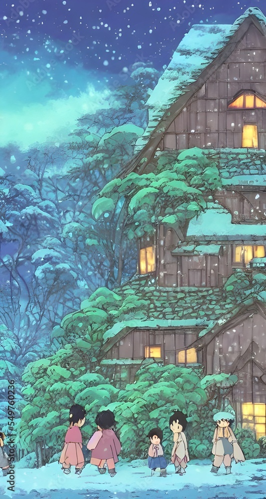 Obraz premium In the winter village, houses are blanketed in snow and smoke curls up from chimneys. Ice hangs off of tree branches and people walk around bundled in thick coats.