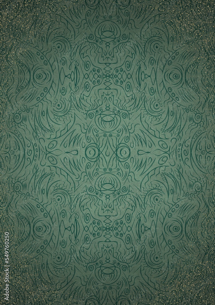 Hand-drawn unique ornament. Dark green on light cold green background, with vignette of darker background color and splatters of golden glitter. Paper texture. Digital artwork, A4. (pattern: p03d)