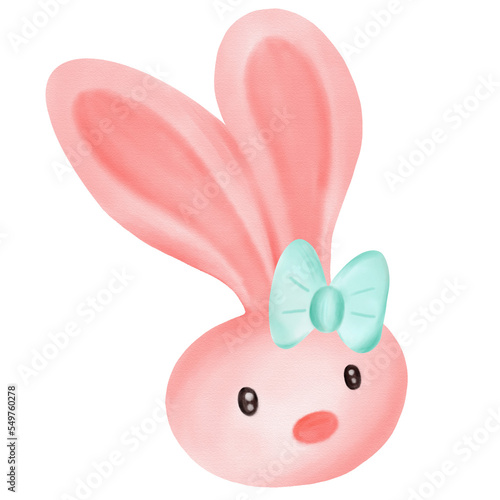 pink rabbit with green ribbon watercolor
