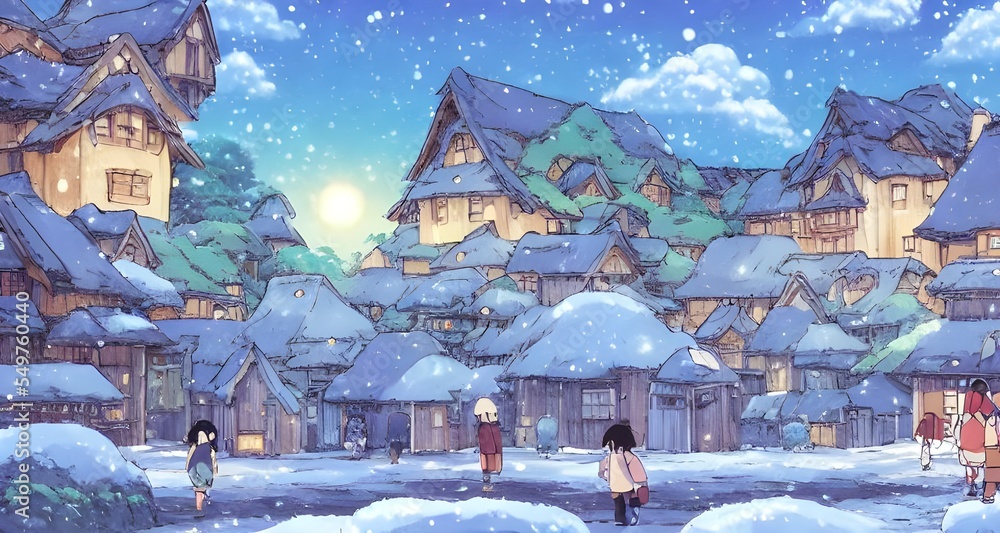 A small village is blanketed in a fresh layer of snow, Smoke drifts up from chimneys and houses glow with warm light. The only sound is the crunching of boots on frosty ground as people bustle about t A small village is blanketed in a fresh layer of snow, Smoke drifts up from chimneys and houses glow with warm light. The only sound is the crunching of boots on frosty ground as people bustle about t