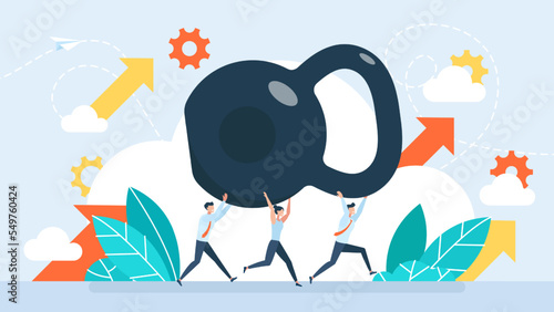 The business team carries a heavy weight. Teamwork. A group of businessmen lifted a kettlebell. Businessmen and Businesswoman Bank Loan. Tax Payment Obligation. Financial Debt. Vector Illustration