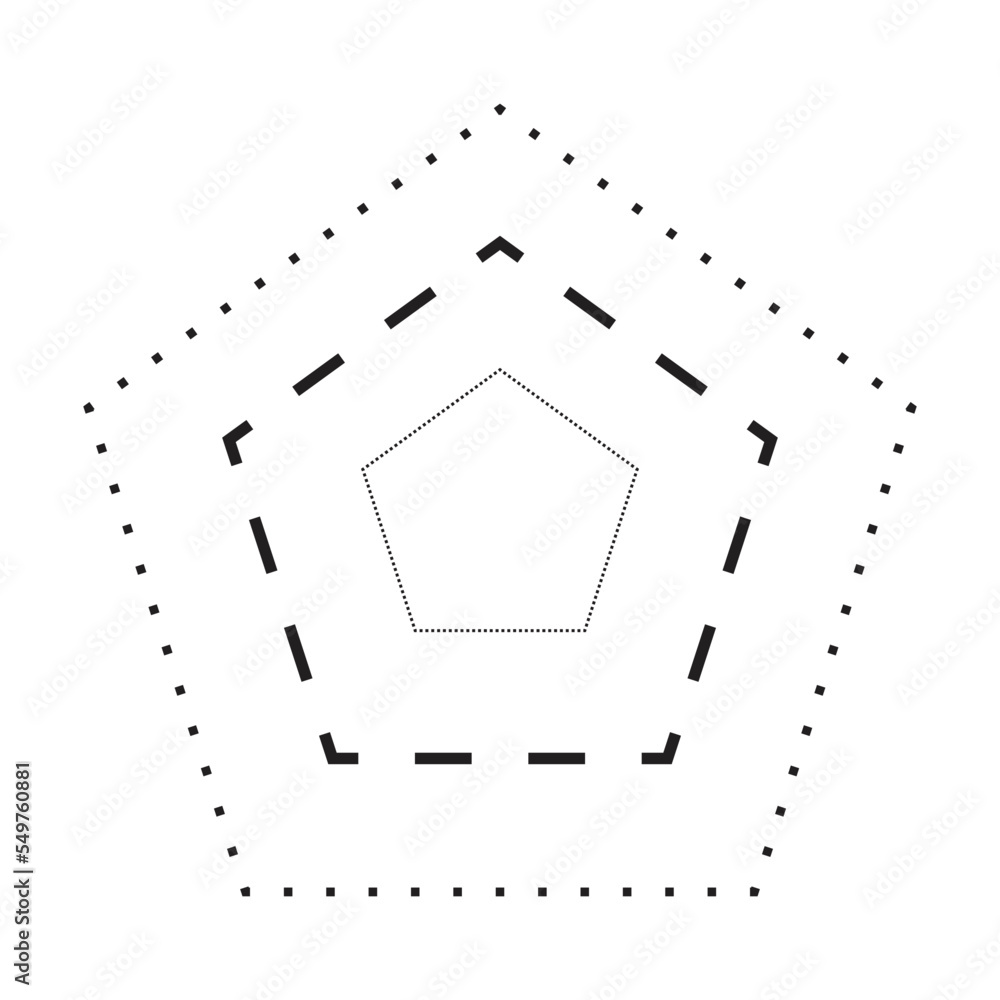 Tracing pentagon shape symbol, dashed and dotted broken line element for preschool, kindergarten and Montessori kids prewriting, drawing and cutting practice activities in vector illustration