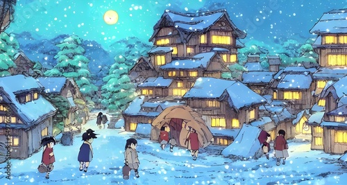 I am standing in the middle of a winter village. The air is cold and crisp, and the ground is covered in a layer of soft white snow. In front of me is a large Christmas tree, decorated with lights and