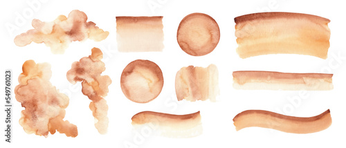 Set of watercolor abstract forms, brush strokes, circles, washes, textures. Beige, yellow, orange design elements.