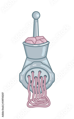 hand-held meat grinder grinds meat into minced meat, no background