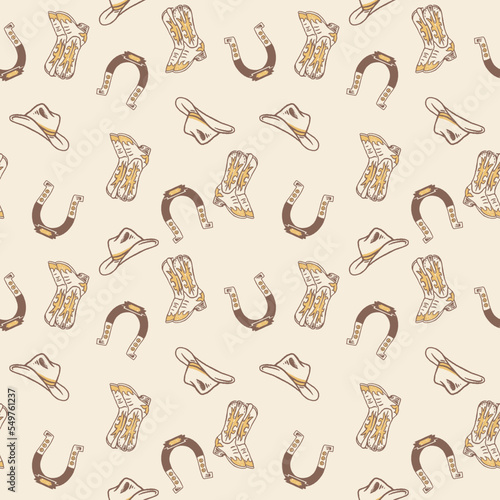 horseshoe illustration boots graphic cowboy hat design vintage seamless pattern