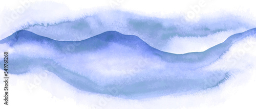 Blue watercolor abstract background, form, design element. Colorful hand painted texture, wash. Abstract clouds, sea, hills, water texture. 