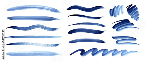 Set of blue watercolor brush strokes, lines, waves. Art design element, texture. Abstract forms.