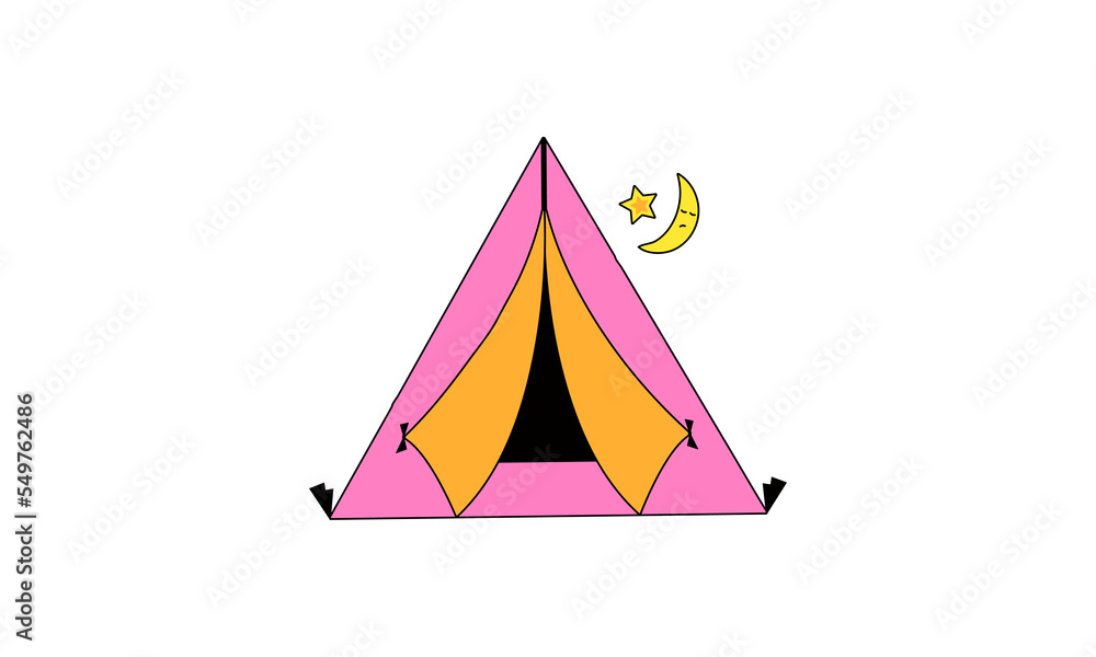 Beautiful illustration with a tent on a white background. summer camp. summer rest. landscape background. isolated background. label design. Moon with face Beautiful illustration with a tent on a white background. summer camp. summer rest. landscape background. isolated background. label design. Moon with face