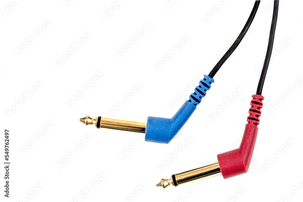 Red and Blue audio cable jack isolated on white background. Mini audio jack isolated.cable isolated.Jack cable isolated. Red and Blue audio cable jack isolated on white background. Mini audio jack isolated.cable isolated.Jack cable isolated.