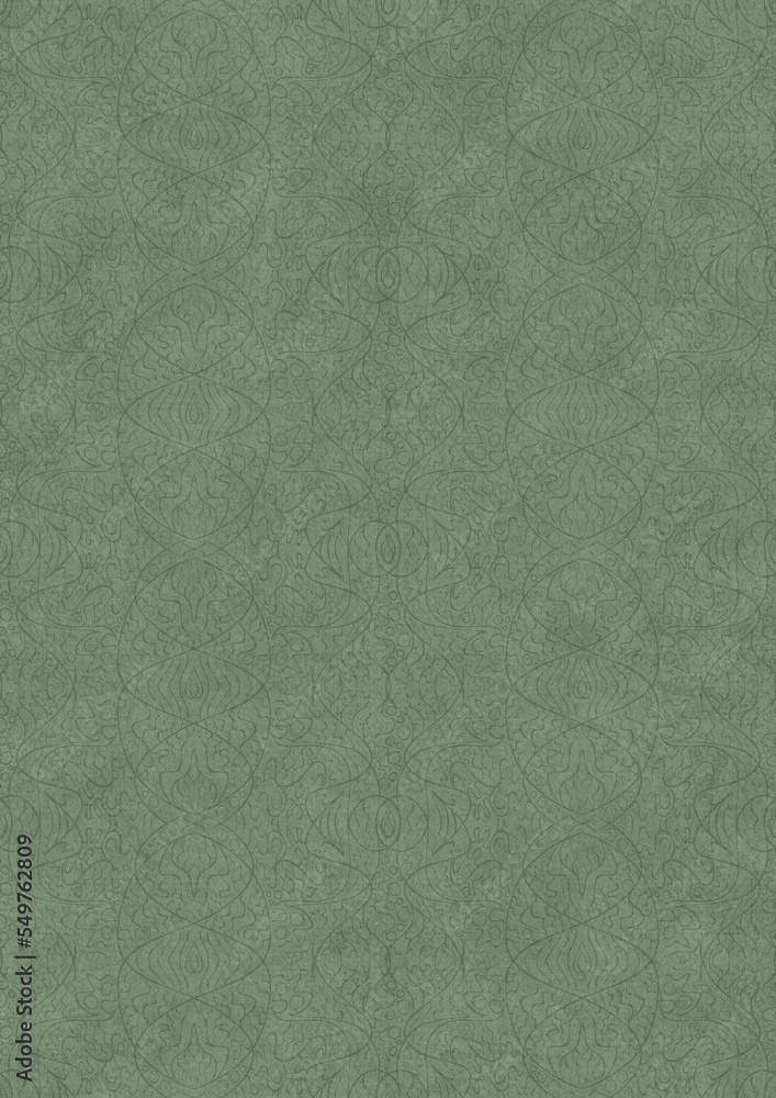 Hand-drawn unique abstract symmetrical seamless ornament. Dark semi transparent green on a light warm green background color. Paper texture. A4. (pattern: p03e) Hand-drawn unique abstract symmetrical seamless ornament. Dark semi transparent green on a light warm green background color. Paper texture. A4. (pattern: p03e)