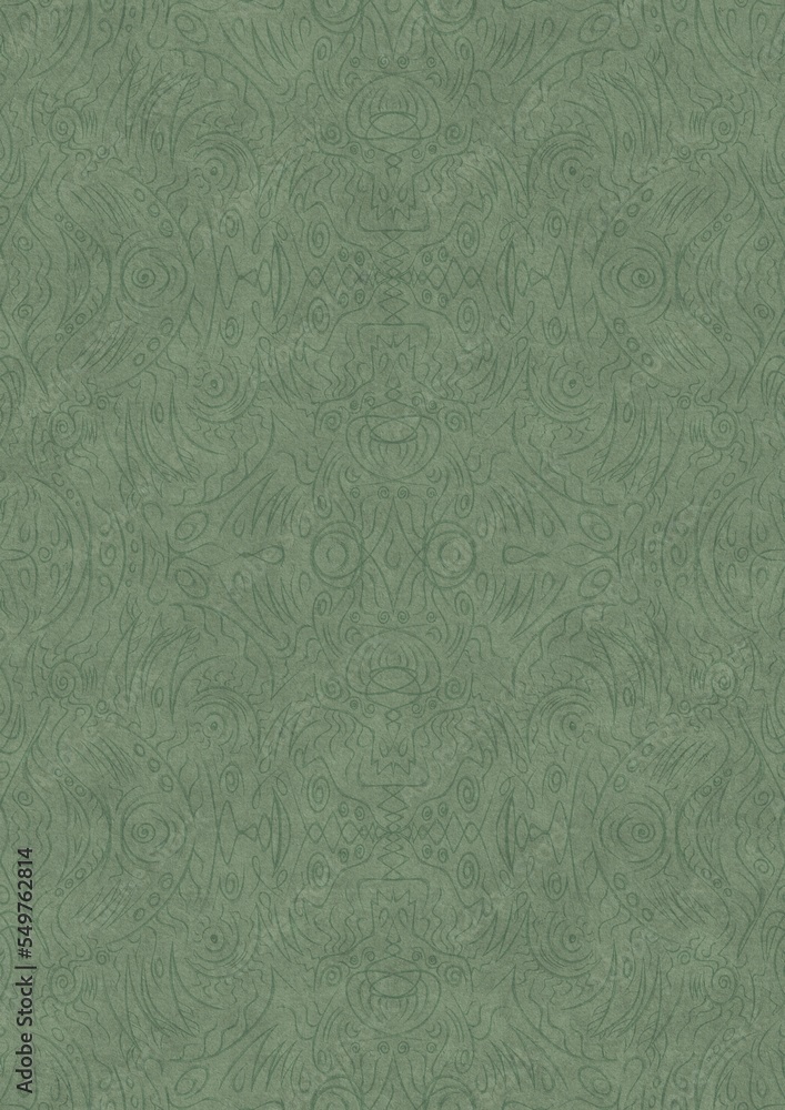 Hand-drawn unique abstract symmetrical seamless ornament. Dark semi transparent green on a light warm green background color. Paper texture. A4. (pattern: p03d) Hand-drawn unique abstract symmetrical seamless ornament. Dark semi transparent green on a light warm green background color. Paper texture. A4. (pattern: p03d)