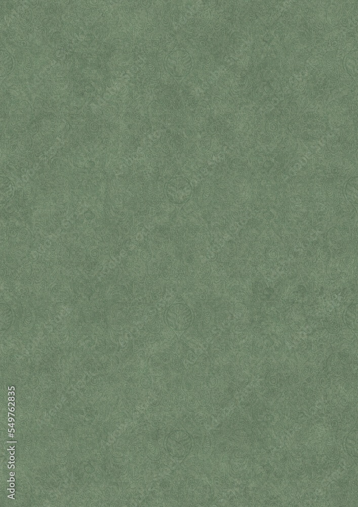Fototapeta premium Hand-drawn unique abstract symmetrical seamless ornament. Dark semi transparent green on a light warm green background color. Paper texture. A4. (pattern: p04e)