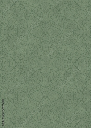 Hand-drawn unique abstract symmetrical seamless ornament. Dark semi transparent green on a light warm green background color. Paper texture. A4. (pattern: p02-2d)