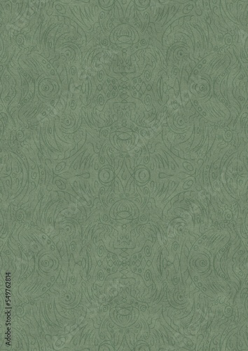 Hand-drawn unique abstract symmetrical seamless ornament. Dark semi transparent green on a light warm green background color. Paper texture. A4. (pattern: p03d)