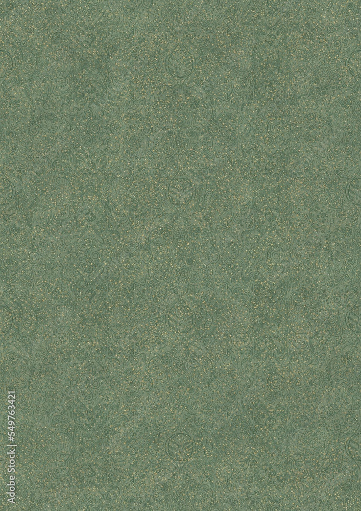 Hand-drawn unique abstract seamless ornament. Dark green on light warm green background, with splatters of golden glitter. Paper texture. Digital artwork, A4. (pattern: p04e) Hand-drawn unique abstract seamless ornament. Dark green on light warm green background, with splatters of golden glitter. Paper texture. Digital artwork, A4. (pattern: p04e)