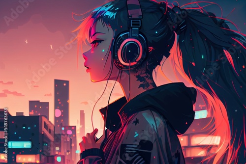 anime listen to music and vibe in city photo