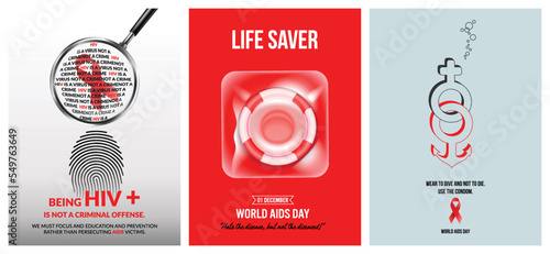 World Aids Day. Red aids ribbon under magnifying glass. Life saver condom. Male and female symbol aids ribbon. Poster, Social Media Template. Hiv is a virus not a crime.