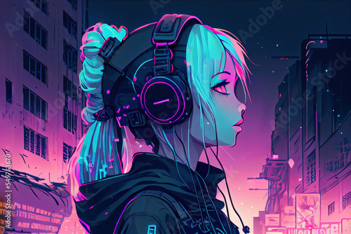 anime listen to music and vibe in city photo