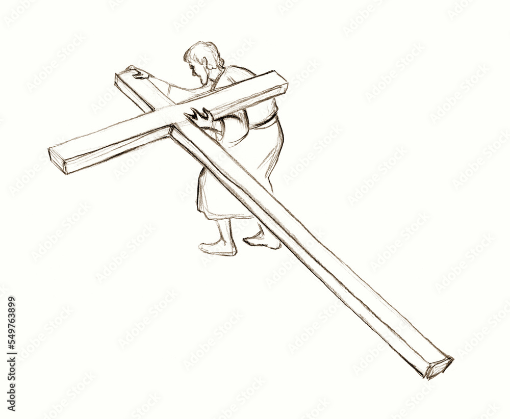 Obraz premium One person helps another to carry the cross. Pencil drawing