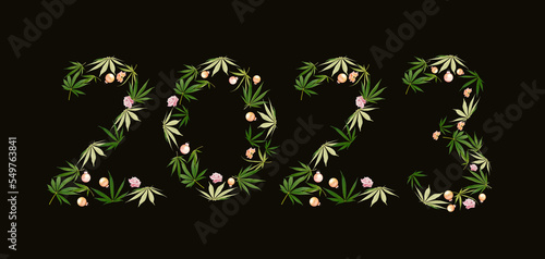 Number 2023 made of hemp leaves  marijuana  christmas baubles and roses. New year celebration concept.