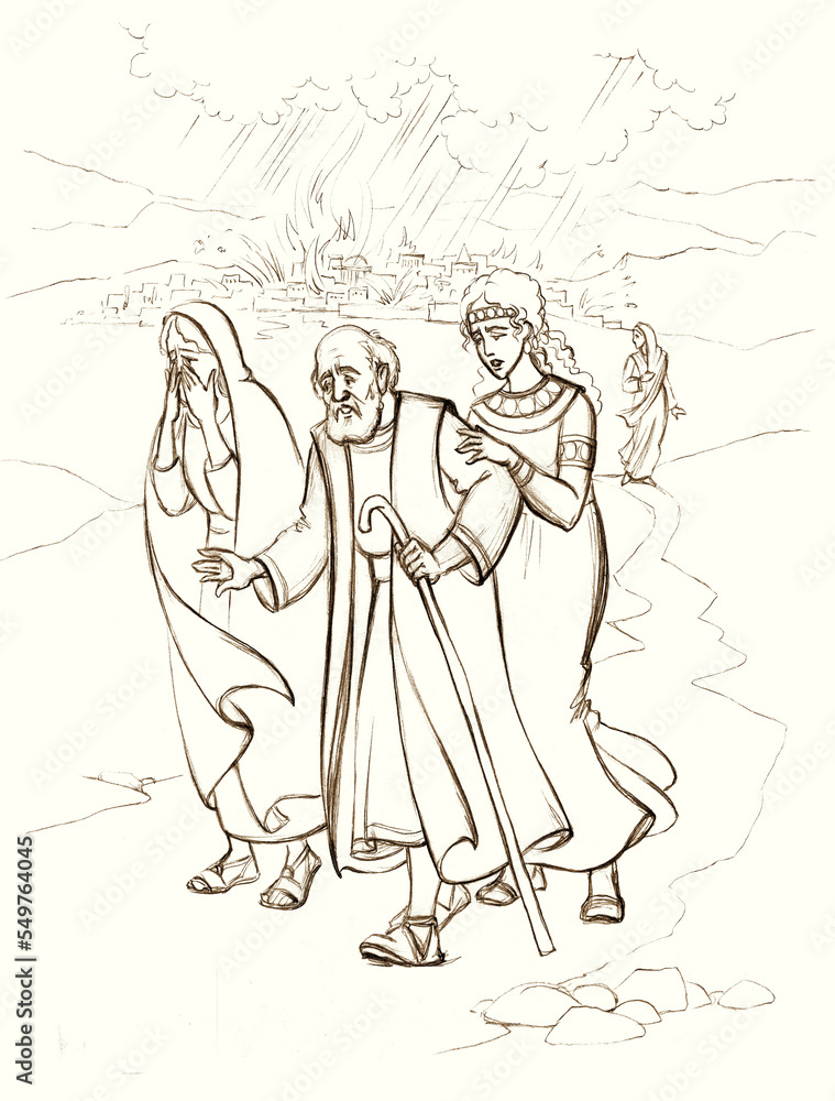 Obraz premium Lot flees from Sodom. Pencil drawing
