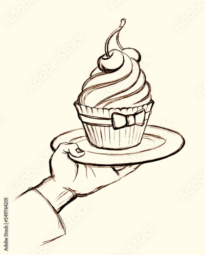 Tasty cupcake on the plate. Pencil drawing © Marina