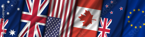 Wavy flags of Australia, United Kingdom, USA, Canada, New Zealand and European Union. Vector wide banner. Political alliance.