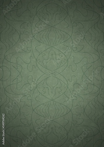 Hand-drawn unique abstract symmetrical seamless ornament. Dark semi transparent green on a light warm green with vignette of a darker background color. Paper texture. A4. (pattern: p02-1d) © Maria