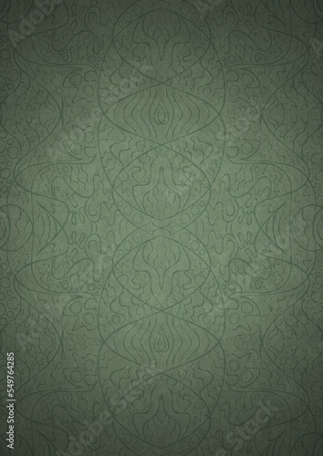 Hand-drawn unique abstract symmetrical seamless ornament. Dark semi transparent green on a light warm green with vignette of a darker background color. Paper texture. A4. (pattern: p02-2d)