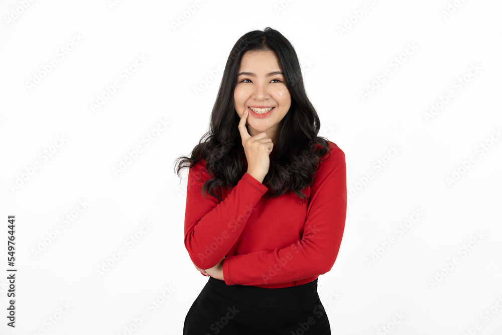 Beautiful young Asian girl thinking and looking upwards. The concept of content thinks about future isolated on white background. Beautiful young Asian girl thinking and looking upwards. The concept of content thinks about future isolated on white background.