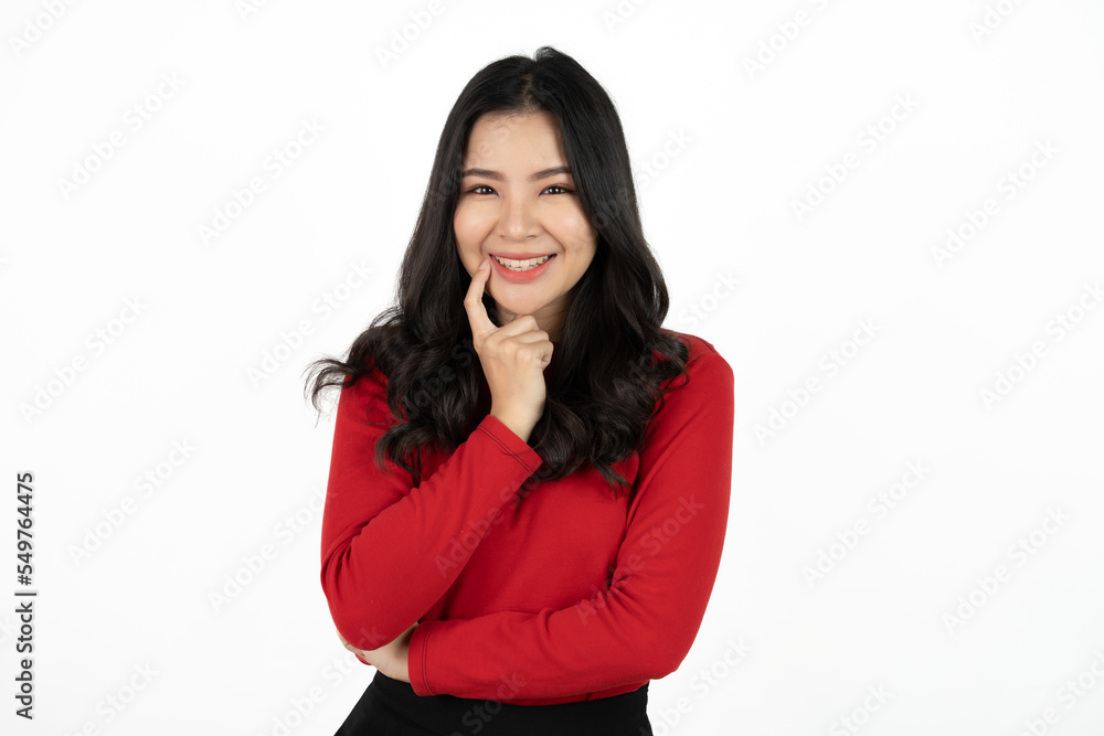 Beautiful young Asian girl thinking and looking upwards. The concept of content thinks about future isolated on white background. Beautiful young Asian girl thinking and looking upwards. The concept of content thinks about future isolated on white background.