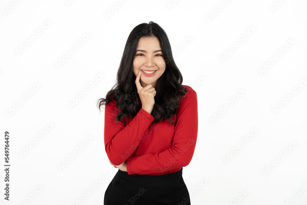Beautiful young Asian girl thinking and looking upwards. The concept of content thinks about future isolated on white background. Beautiful young Asian girl thinking and looking upwards. The concept of content thinks about future isolated on white background.