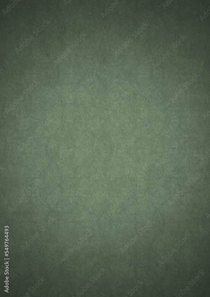 Hand-drawn unique abstract symmetrical seamless ornament. Dark semi transparent green on a light warm green with vignette of a darker background color. Paper texture. A4. (pattern: p09e) Hand-drawn unique abstract symmetrical seamless ornament. Dark semi transparent green on a light warm green with vignette of a darker background color. Paper texture. A4. (pattern: p09e)