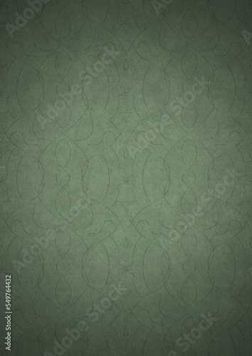 Hand-drawn unique abstract symmetrical seamless ornament. Dark semi transparent green on a light warm green with vignette of a darker background color. Paper texture. A4. (pattern: p08-1e)